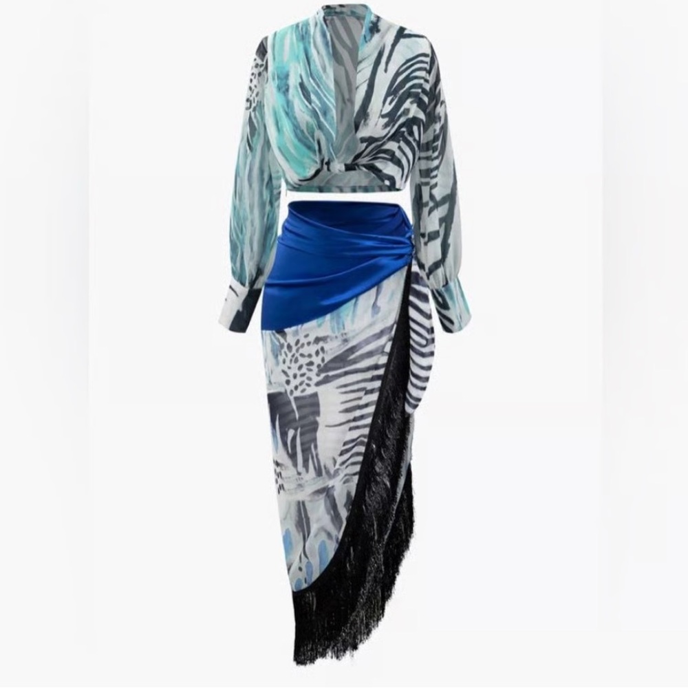 Resort Skirt Set- Royal Blue and Black Print Long Sleeve Maxi Skirt Set